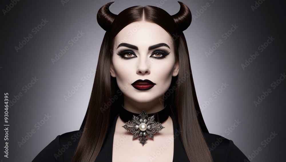 The Vampire, High-Fashion Studio Portrait of Dramatic Woman with Pale Skin, Bold Makeup, Black Top, and Ornate Choker, Gothic Elegance, Generative AI, Happy Halloween The Vampire, High-Fashion Studio Portrait of Dramatic Woman with Pale Skin, Bold Makeup, Black Top, and Ornate Choker, Gothic Elegance, Generative AI, Happy Halloween
