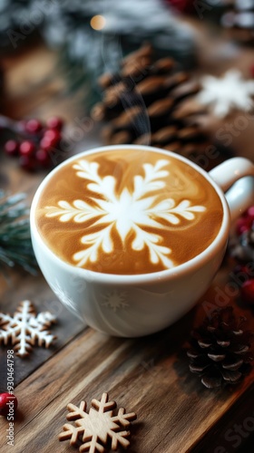 Steaming coffee cup with intricate snowflake latte art on rustic wooden table with festive decor - winter warmth and holiday indulgence