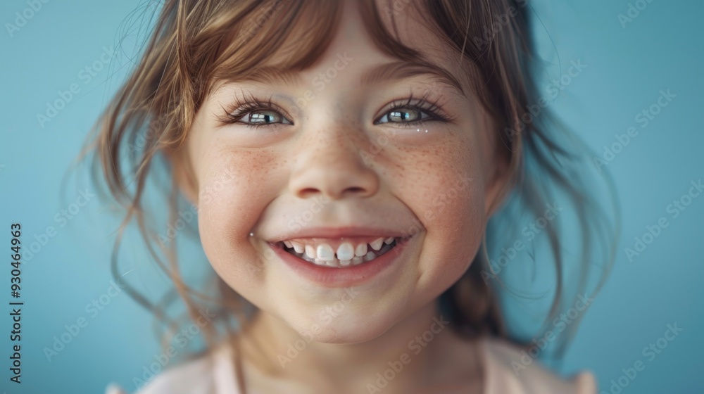 Joyful Young Girl Smiling with Windblown Hair on Blue Background Joyful Young Girl Smiling with Windblown Hair on Blue Background