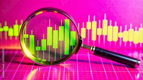 Magnifying glass zooms in on digital financial charts, glowing data points, high-tech, photorealistic