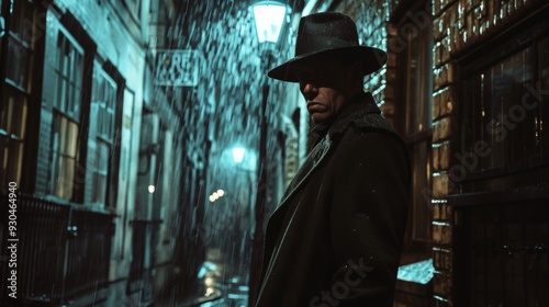 man in detective clothes in an alley with rain