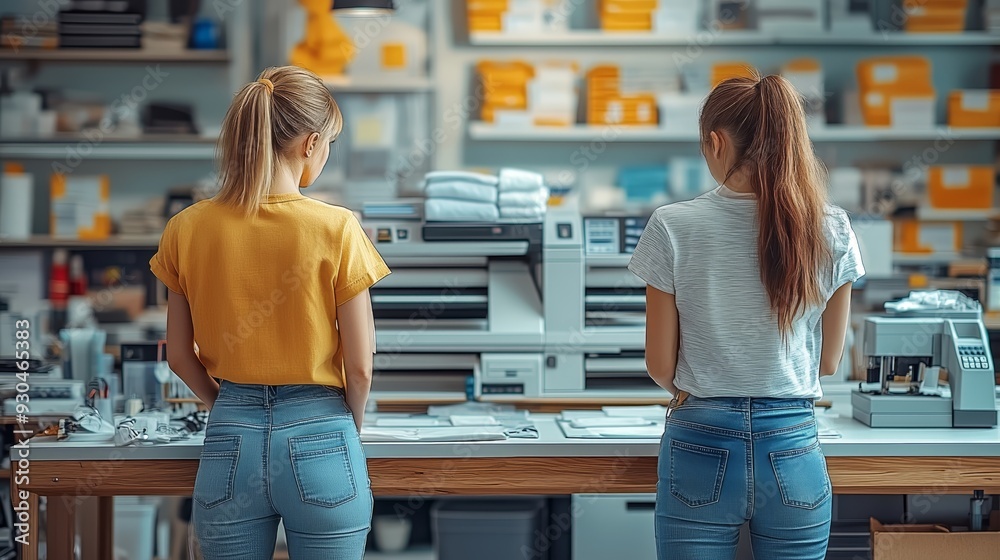 Two workers overseeing operations at a sewing production workshop, with equipment and organized shelves in the background Two workers overseeing operations at a sewing production workshop, with equipment and organized shelves in the background
