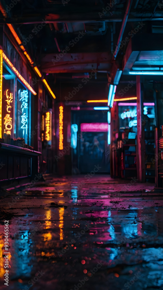 Cyberpunk-inspired scene with neon lights and wet pavements in a dark alley. Cyberpunk-inspired scene with neon lights and wet pavements in a dark alley.