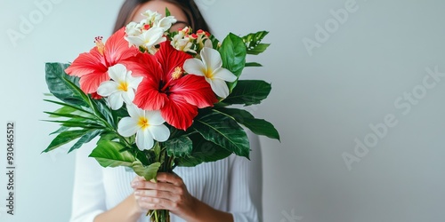 Young Woman Holding Tropical Christmas Bouquet in Minimalist Studio Setting – Natural Light, Midday, Happy Mood photo