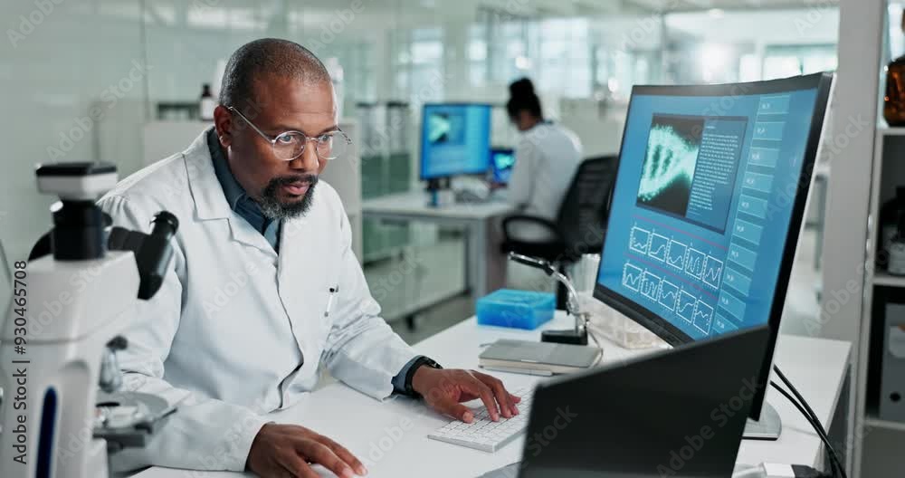 Black man, research or microscope in lab, laptop and medicine for healthcare study or biotechnology. Equipment, or scientist computer screen for cure, life extension breakthrough or dna testing Black man, research or microscope in lab, laptop and medicine for healthcare study or biotechnology. Equipment, or scientist computer screen for cure, life extension breakthrough or dna testing