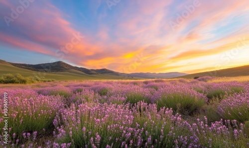 Enchanting Sunset Over Lavender Fields on Rolling Hills Breathtaking Evening Landscape with Vibrant Colors and Serene Atmosphere