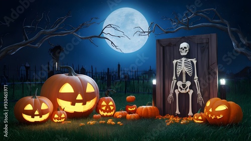 Halloween Party Card - Pumpkins And Skeleton In Burial ground Around evening time With Wooden Load.
Halloween Concept.
