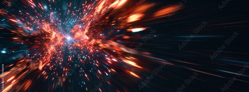 Fototapeta premium Bright Cosmic Explosion with Red and Blue Particles in Space