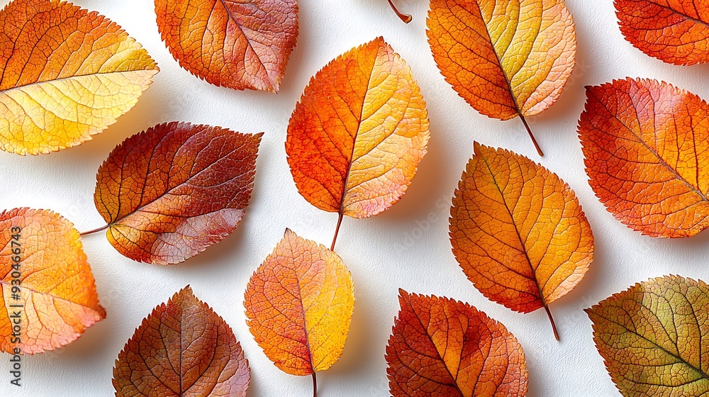 Fototapeta premium Delicate golden brown and sage green autumn leaves with tiny apples on a white backdrop. Minimalistic, high resolution, clear sharp focus, hyper-detailed. 