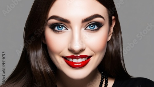 The Vampire, Close up portrait of a woman with striking features, bold makeup, vibrant red lips, and sleek dark hair, generative AI, Happy Halloween photo