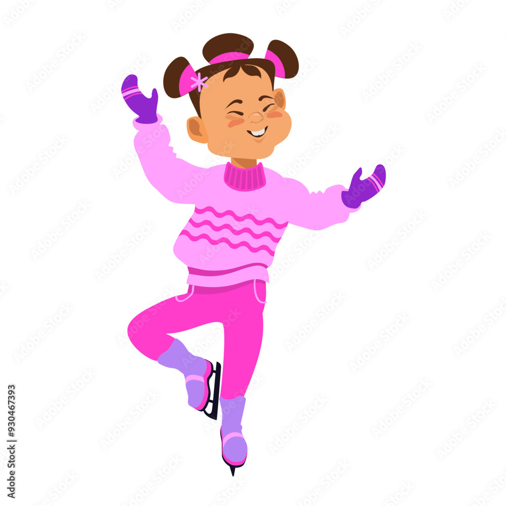 Happy girl skating on Ice. Winter outdoor activity. Child in bright winter clothes. Cartoon kid isolated on a white background. Hand-drawn flat vector illustration.