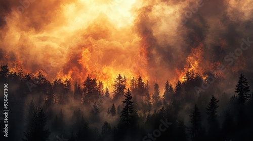 A dramatic forest fire engulfing trees in flames, creating a sense of urgency and danger. The intense colors evoke feelings of fear and destruction.