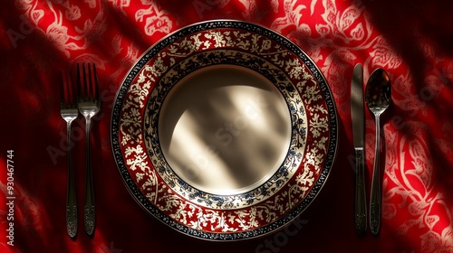 Ornate Table Setting with Red and Blue Floral Plate