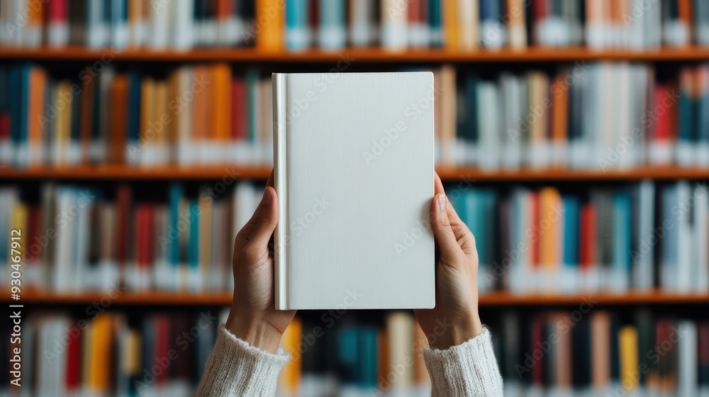 Hands hold a blank white book in front of orderly library bookshelves, symbolizing the pursuit of knowledge, the joy of reading, and the organization of information. Hands hold a blank white book in front of orderly library bookshelves, symbolizing the pursuit of knowledge, the joy of reading, and the organization of information.
