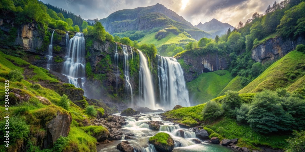 Scenic waterfall cascading down a mountain into a lush valley landscape Scenic waterfall cascading down a mountain into a lush valley landscape
