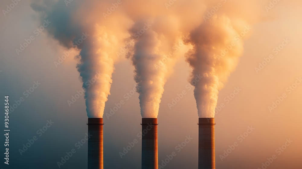 Three industrial chimneys releasing thick smoke into the atmosphere during dawn, highlighting environmental pollution and the impact of industrial activity on nature. Three industrial chimneys releasing thick smoke into the atmosphere during dawn, highlighting environmental pollution and the impact of industrial activity on nature.