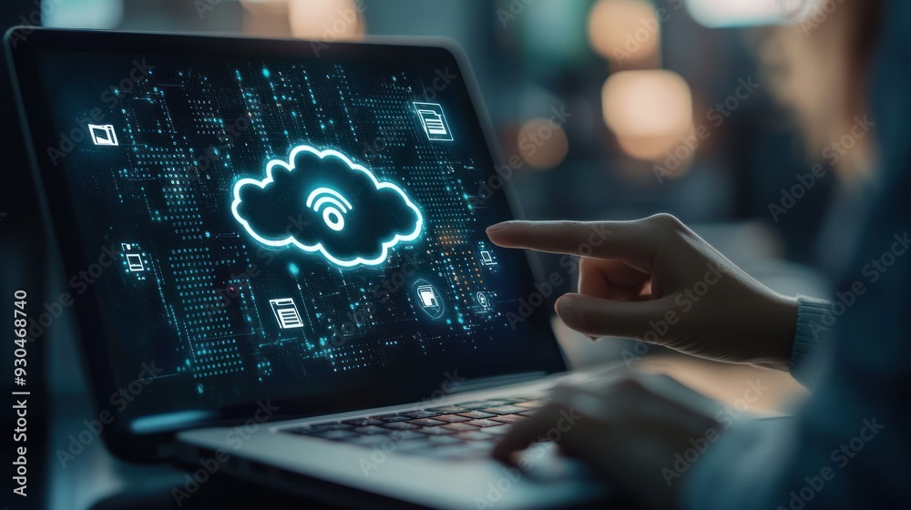 Woman using laptop with cloud computing icon on the screen, digital technology Woman using laptop with cloud computing icon on the screen, digital technology