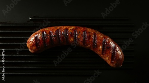 Grilled Sausage on Black Background - A single, perfectly grilled sausage lies on a black grill grate. The sausage is cooked to a golden brown, with grill marks visible.  The image evokes a sense of s photo