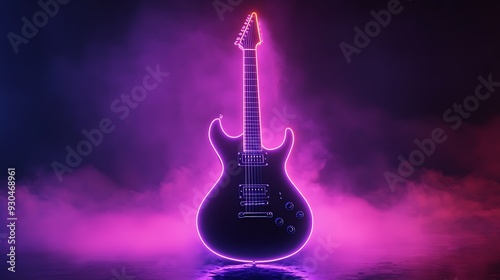 Neon Glow: Futuristic Guitar Design with Misty Effects on Black Background for Music Promotion