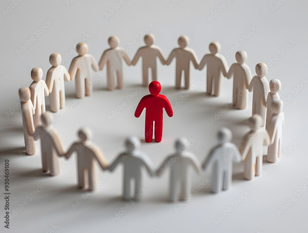 Red Wooden Toy Figure Standing in Circle of White Figures Red Wooden Toy Figure Standing in Circle of White Figures