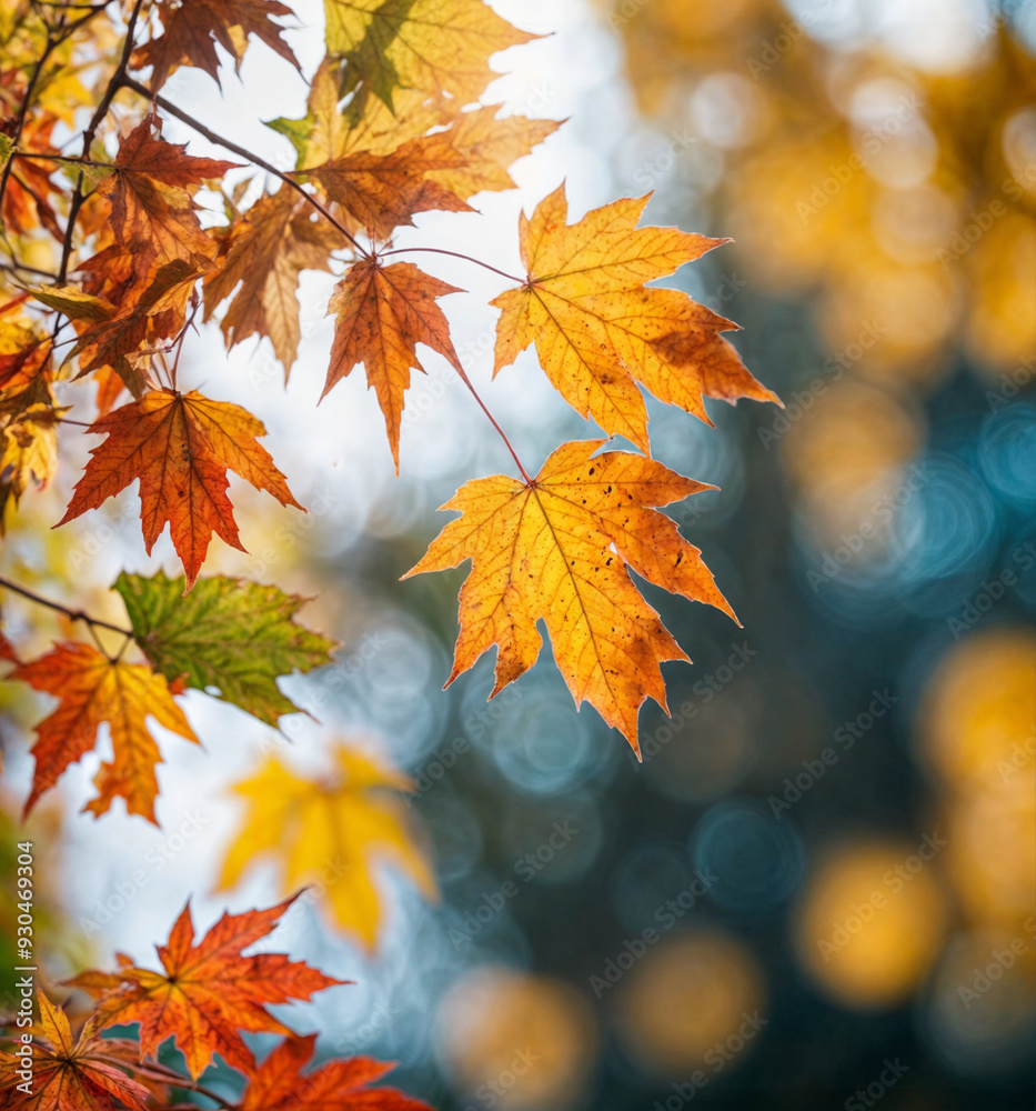 Autumn colored maple tree branch isolated at the edge of an empty sunny blue sky, blurry yellow and orange bright fall leaf background with copy space Autumn colored maple tree branch isolated at the edge of an empty sunny blue sky, blurry yellow and orange bright fall leaf background with copy space