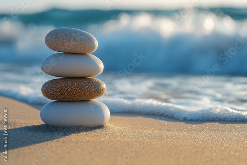 Balanced Stone Stack on a Serene Beach at Sunrise