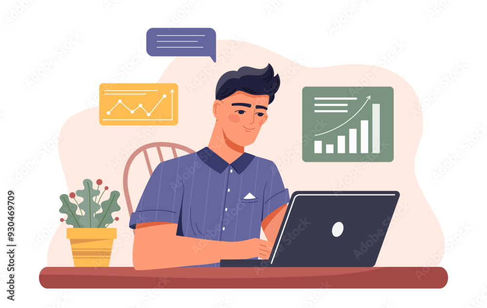 Investment strategy concept. Man sits at laptop with graphs and charts. Financial literacy and making money online. Investor and trader analyzes market. Flat vector illustration Investment strategy concept. Man sits at laptop with graphs and charts. Financial literacy and making money online. Investor and trader analyzes market. Flat vector illustration