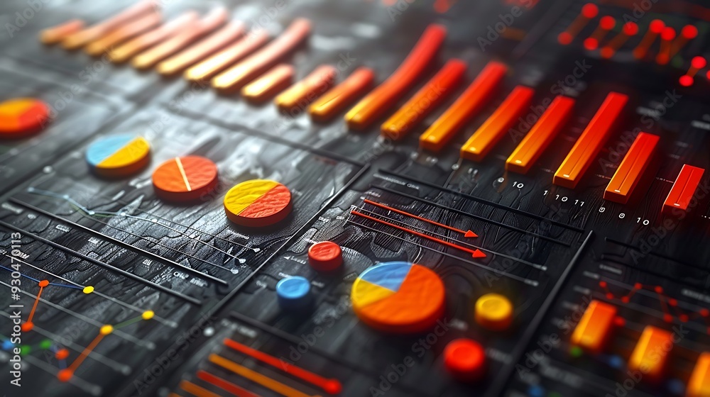 A seamless pattern of mathematical charts and graphs, rendered in bold colors and clean lines, with a futuristic touch, set against a dark grid background, hd quality, modern and analytical style.