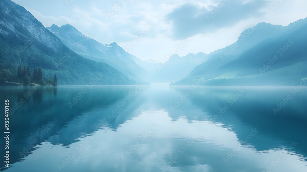 Serene Mountain Lake Landscape at Dawn with Mist and Reflections