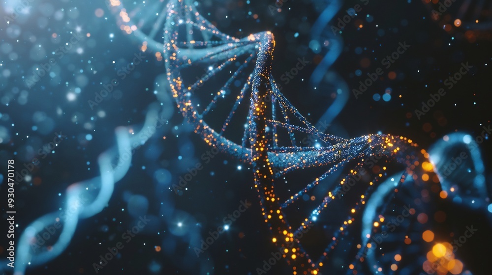 Glowing DNA Double Helix with Blue and Orange Particles