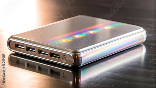 Modern Flat Vector Illustration of Holographic Power Bank with Glowing Indicators on Glossy White Surface - Innovative Energy Storage Technology and Stylish Design Concept for Smart Business