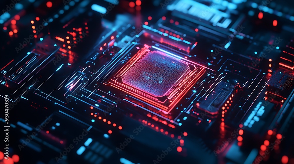 Futuristic Circuit Board with Red and Blue Glowing Lines Futuristic Circuit Board with Red and Blue Glowing Lines