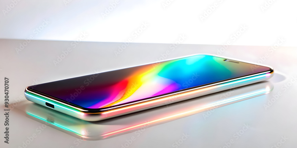 Modern Holographic Smartphone on Glossy Surface - Technology Concept in Flat Vector Illustration with Ample Copy Space, Symbolizing Cutting Edge Innovation and Smart Business Tone Modern Holographic Smartphone on Glossy Surface - Technology Concept in Flat Vector Illustration with Ample Copy Space, Symbolizing Cutting Edge Innovation and Smart Business Tone