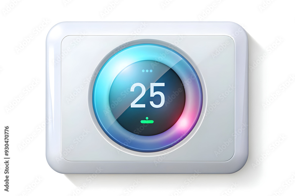 Flat Holographic Smart Thermostat with Glowing Display Technology | Modern Home Automation Concept on Glossy White Surface - Business Vector Illustration