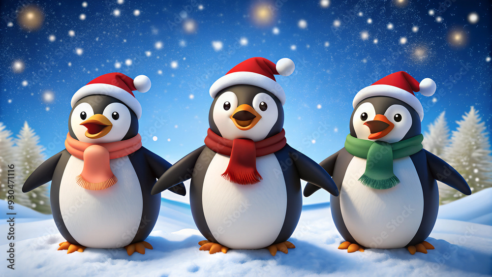 Fototapeta premium Cute Christmas singing penguins - Christmas card 