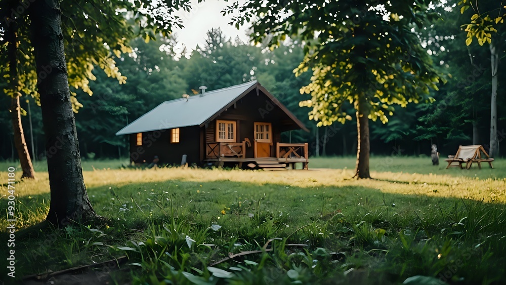 A rustic cabin nestled in a lush green forest, bathed in the warm glow of the evening sun. A rustic cabin nestled in a lush green forest, bathed in the warm glow of the evening sun.