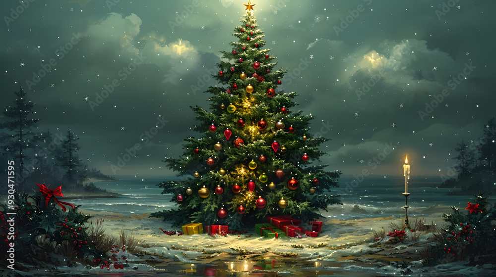 vector illustration, a Christmas tree on sea side, ocean, clouds, tree decorated with ornaments, Christmas vector illustration, a Christmas tree on sea side, ocean, clouds, tree decorated with ornaments, Christmas