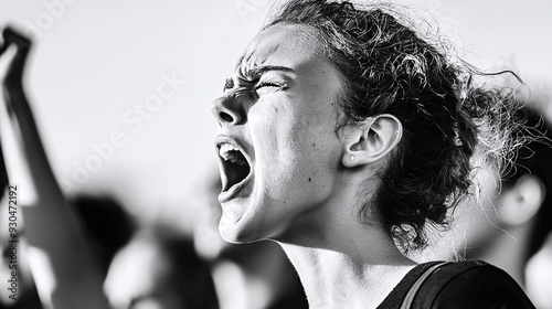 black and white close-up photo of an angry and frustated european female riot protesting in the street photo