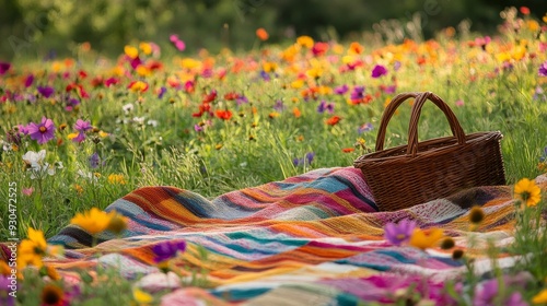 In a field of vivid wildflowers, a colorful picnic blanket with an empty basket is placed.