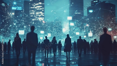 Silhouettes of People Walking in a Cityscape with a Network of Connections