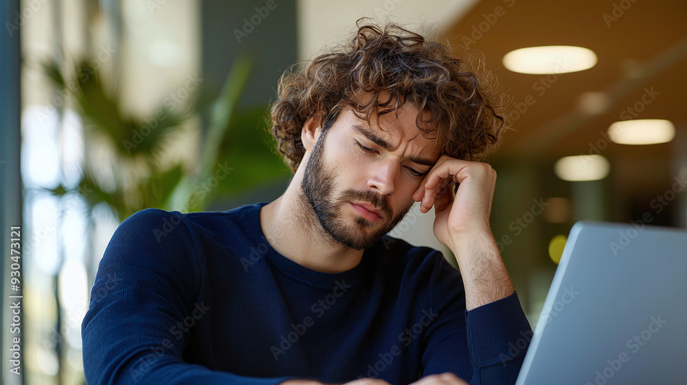 Fototapeta premium a recent graduate in a casual setting, looking disappointed while scrolling through job listings on a laptop