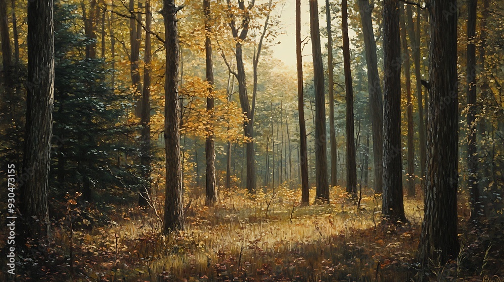 A Sunlit Forest Path Through Tall Trees in Autumn A Sunlit Forest Path Through Tall Trees in Autumn