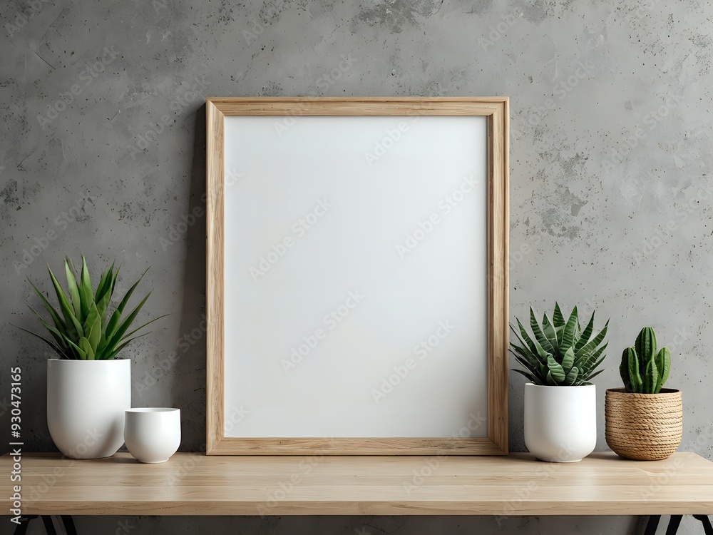 Mockup of a blank picture frame on a wooden table with plants. Mockup of a blank picture frame on a wooden table with plants.