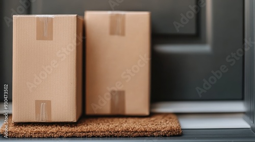 This image depicts two cardboard packages placed on a coir mat outside a door, representing the excitement and anticipation of receiving a delivery, with clean and modern aesthetics. photo