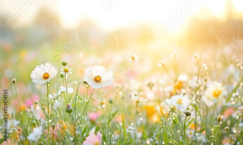 Dewy Fresh Flowers in Early Morning Light Close-Up of Delicate Blooms in Vibrant Colors, Capturing Refreshing Beauty and Life