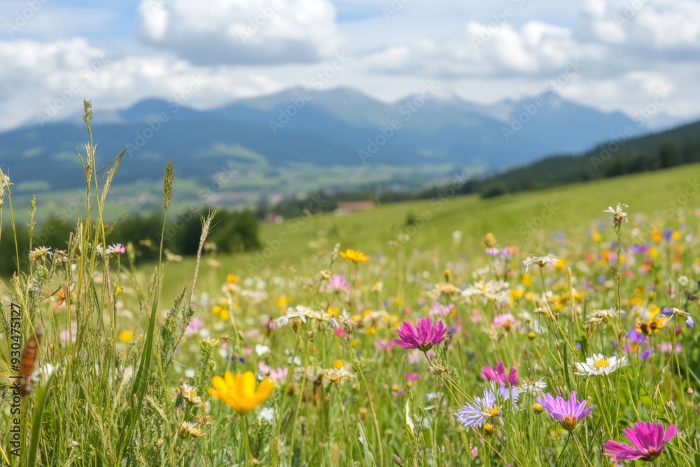 Obraz premium Colorful Flower Meadow in Front of Scenic Mountains with Blooming Wildflowers at Daytime