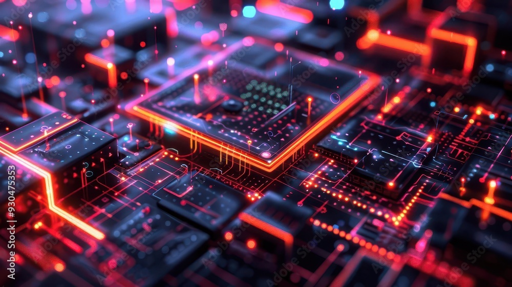 Vibrant close-up of a circuit board featuring intricate details and glowing lines, showcasing modern technology and innovation.