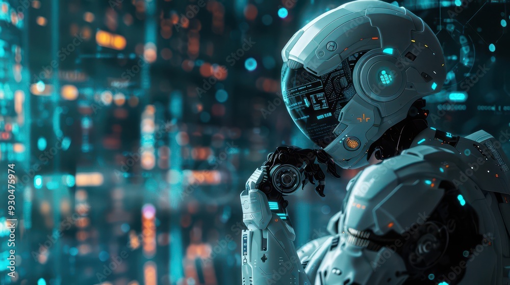 A futuristic robot in a high-tech environment, contemplating technology and artificial intelligence advancements. A futuristic robot in a high-tech environment, contemplating technology and artificial intelligence advancements.
