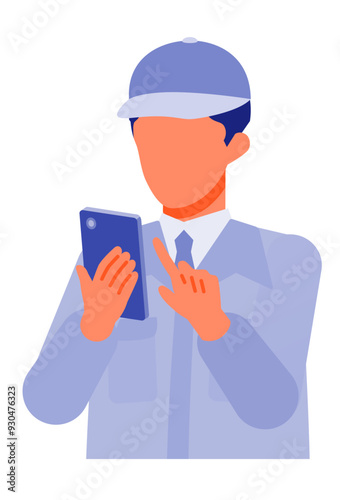 Working man. Concept for Problem Solving. Man cartoon character. People face profiles avatars and icons. Close up image of smartphone man.