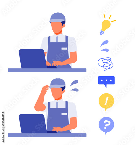 Working man. Concept for Problem Solving. Man cartoon character. People face profiles avatars and icons. Close up image of PC man.